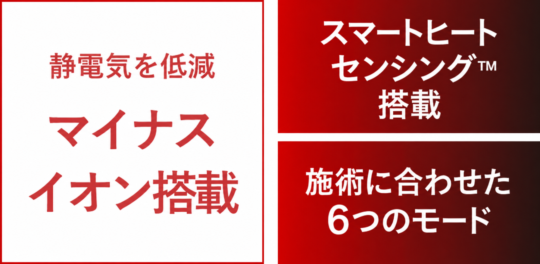 静電気を低減、マイナスイオン搭載。スマートヒートセンシング™搭載、施術に合わせた6つのモード
